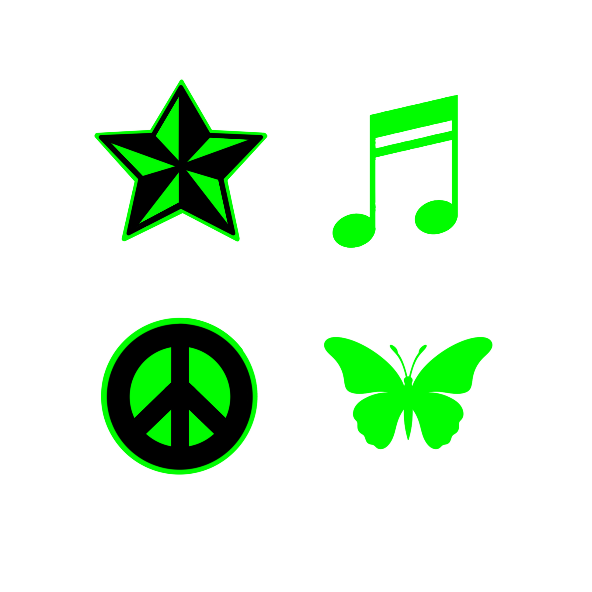 Set of four green and black icons on a white background: star, music note, peace symbol, and butterfly.