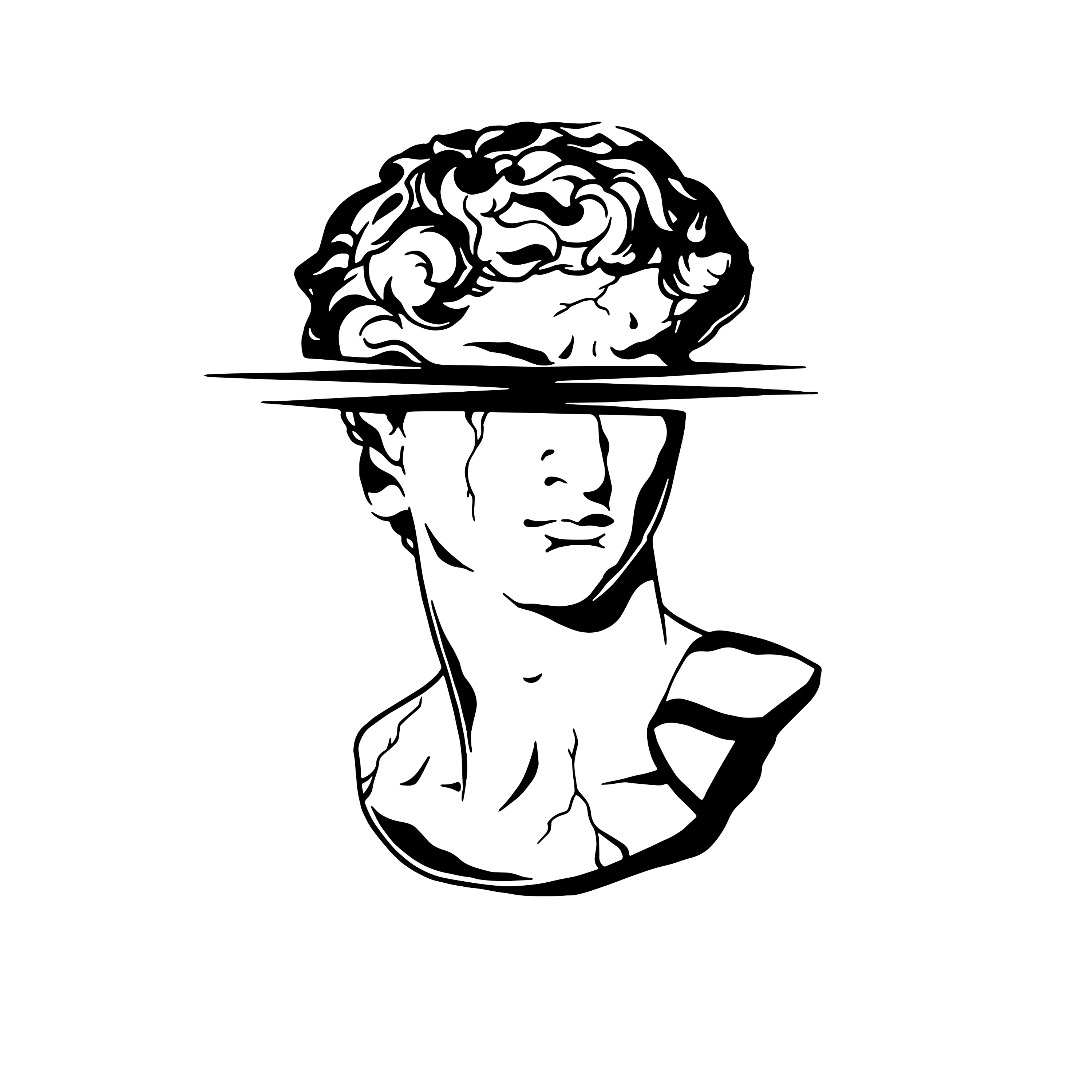 Bust of a classical figure with a modern hat on a white background