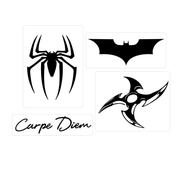 Set of three black and white graphics including a spider, bat symbol, and weapon-like design with 'Carpe Diem' text on a white background.