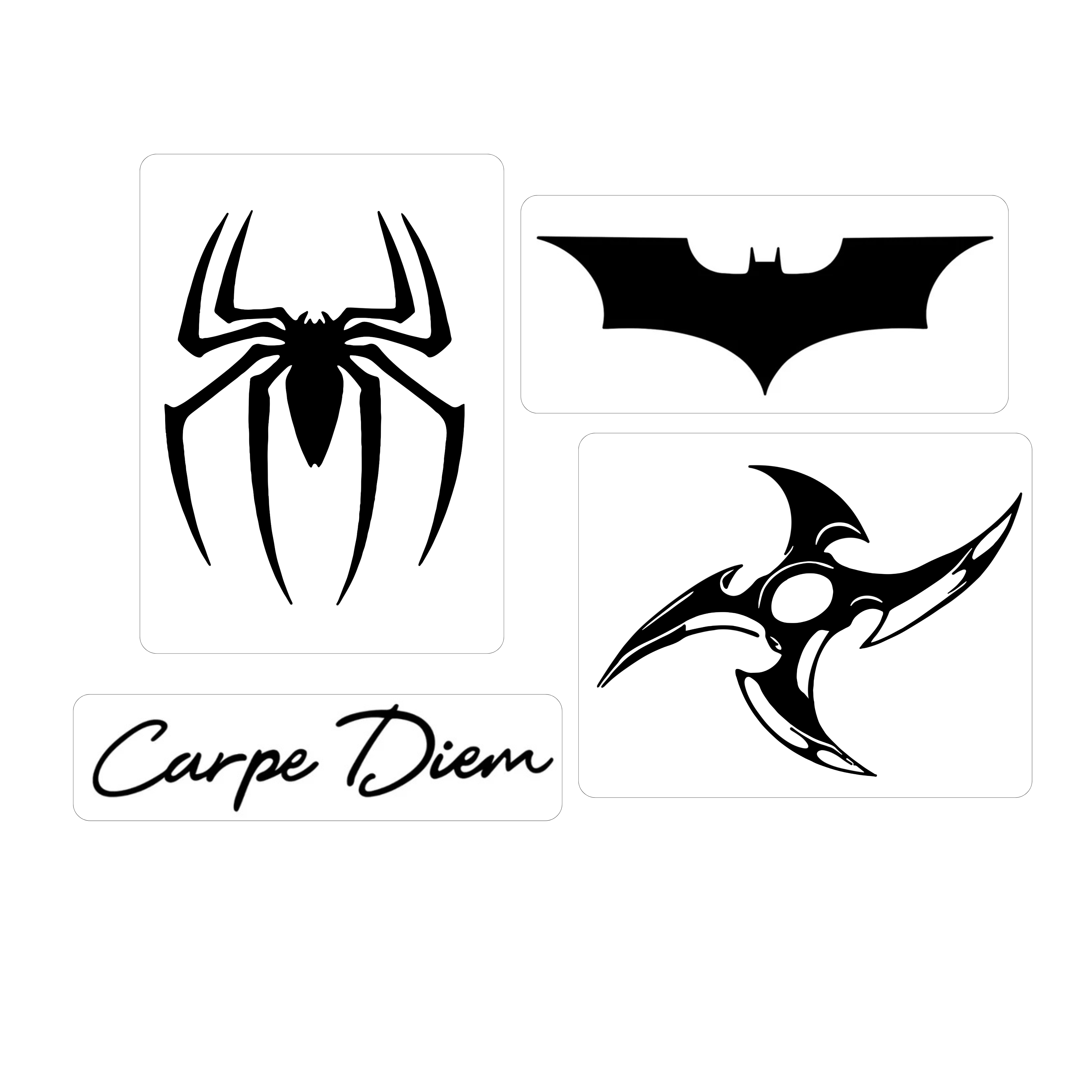 Set of three black and white graphics including a spider, bat symbol, and weapon-like design with 'Carpe Diem' text on a white background.