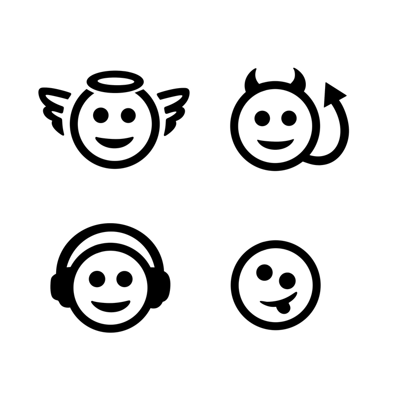Four black and white smiley face icons with different attributes on a white background.