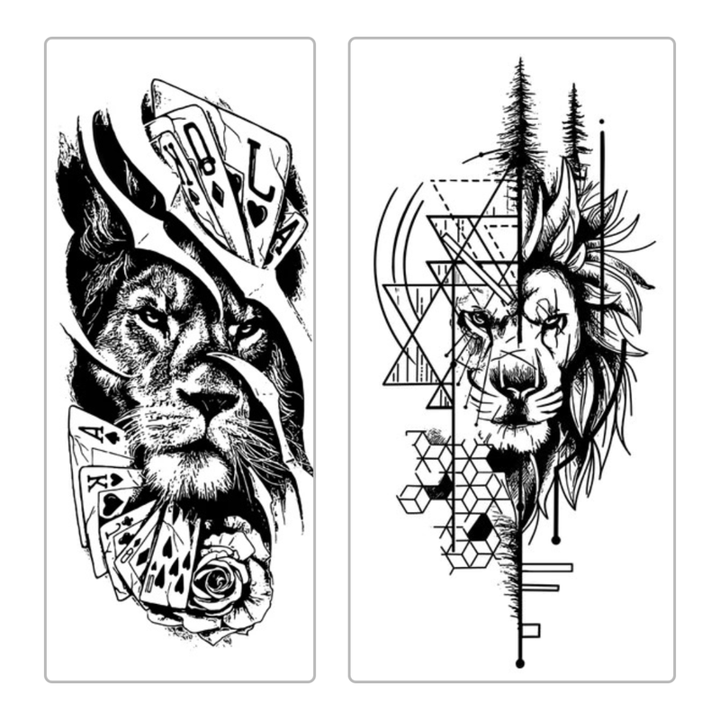Two black and white tattoo designs featuring lion faces with geometric patterns and cards.
