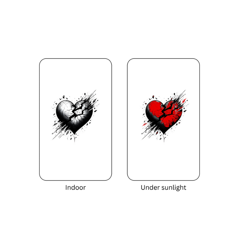 Two heart designs, one black and one red, labeled 'Indoor' and 'Under sunlight' on a white background.