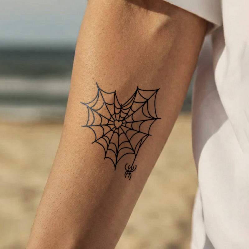 Black spider web tattoo on a person's arm with a blurred beach background
