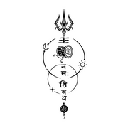 Black and white symbol with Shiva trident and Sanskrit text on a white background