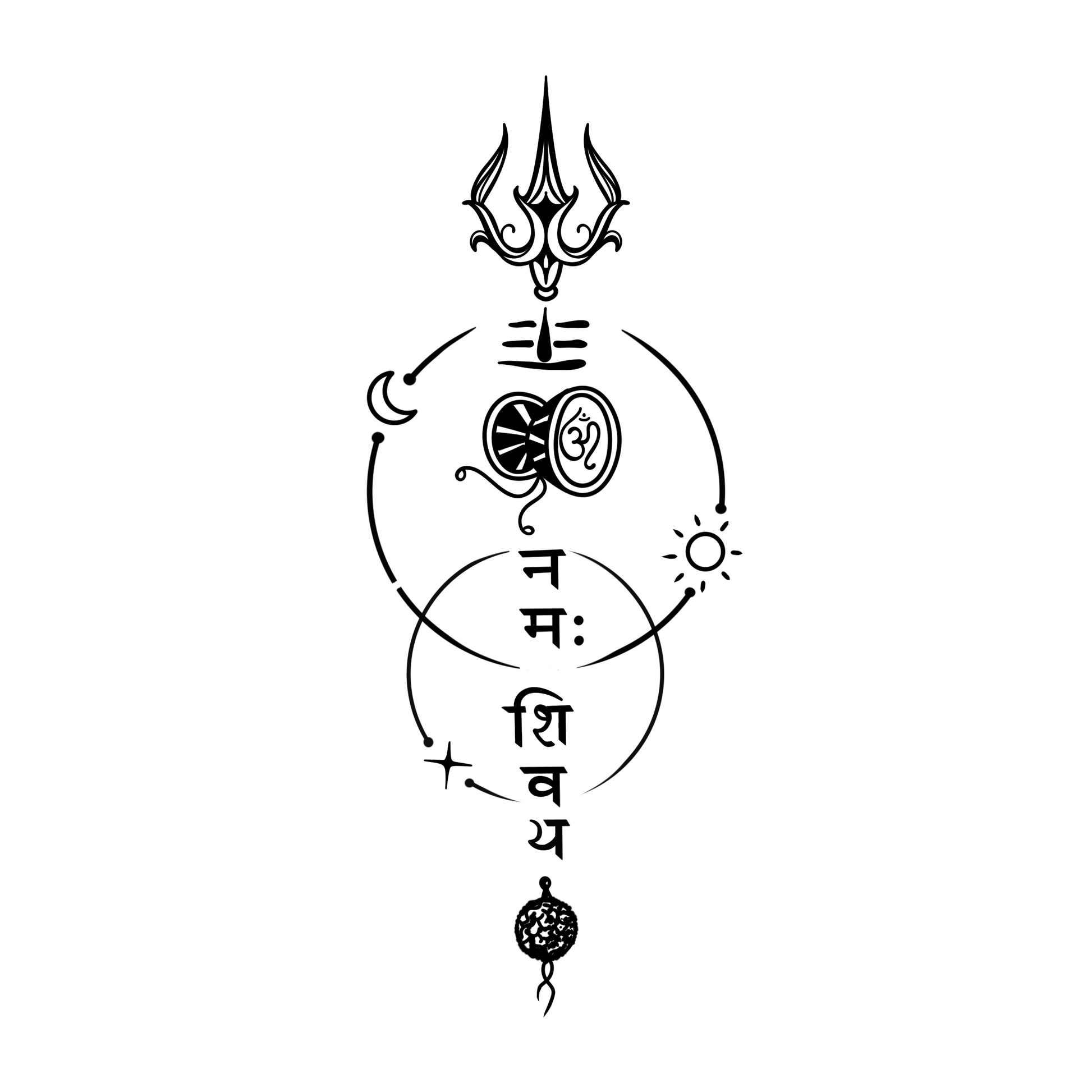 Black and white symbol with Shiva trident and Sanskrit text on a white background