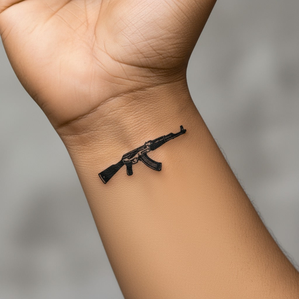 Small black gun charm on a wrist against a neutral background