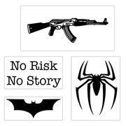 Set of black and white graphics including a rifle, 'No Risk No Story', spider logo, and Batman symbol on a white background.