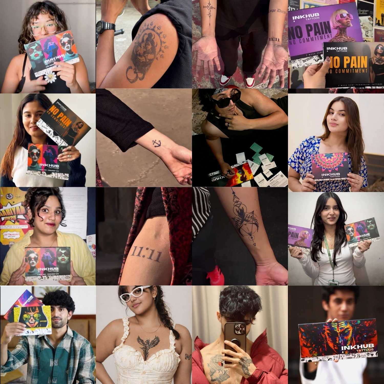 Collage of people with tattoos, holding 'INKHUB' products, and showing various poses.