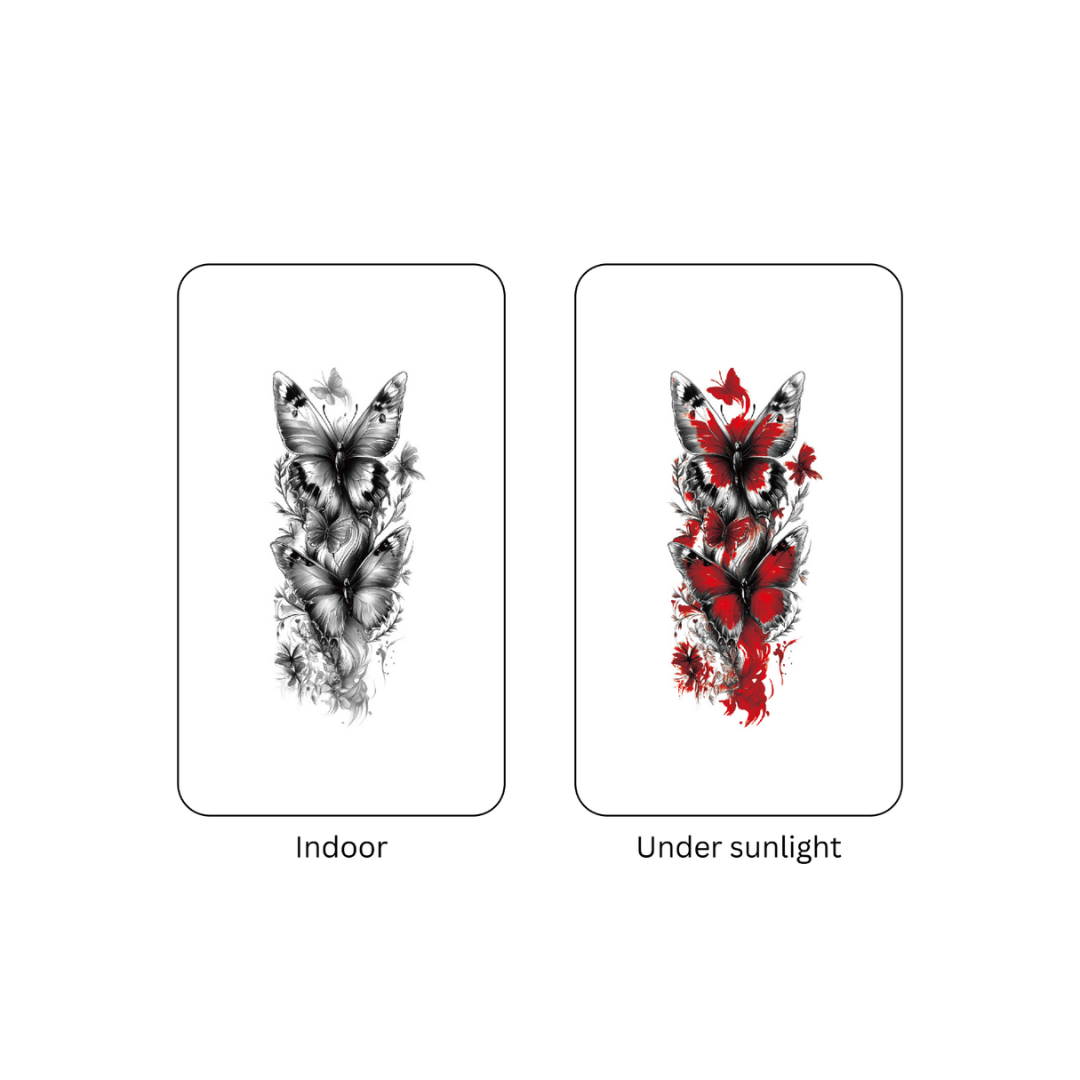 Two butterfly designs, one black and white labeled 'Indoor' and one red and black labeled 'Under sunlight', on a white background.