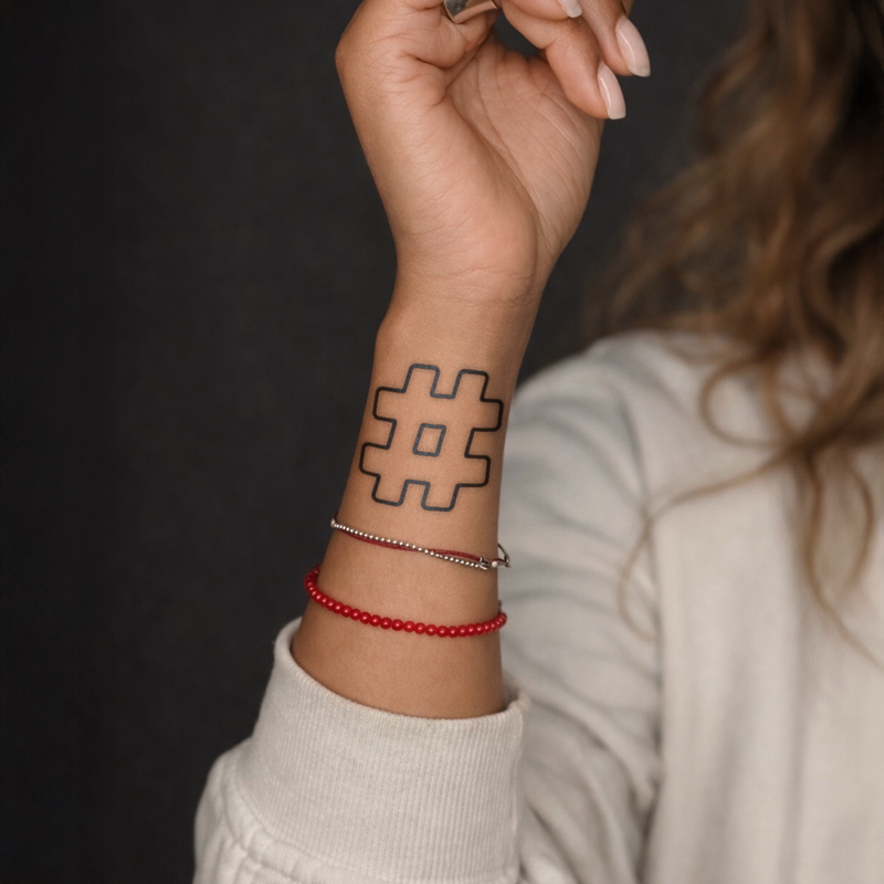 Hand with a '#' symbol tattoo on the wrist against a dark background