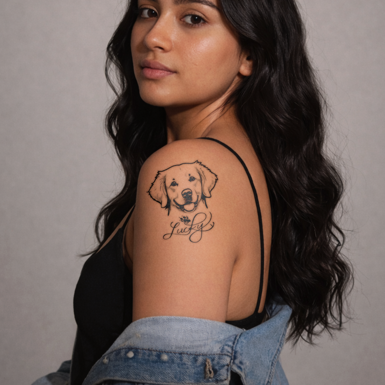 Woman with a dog tattoo on her shoulder against a plain background