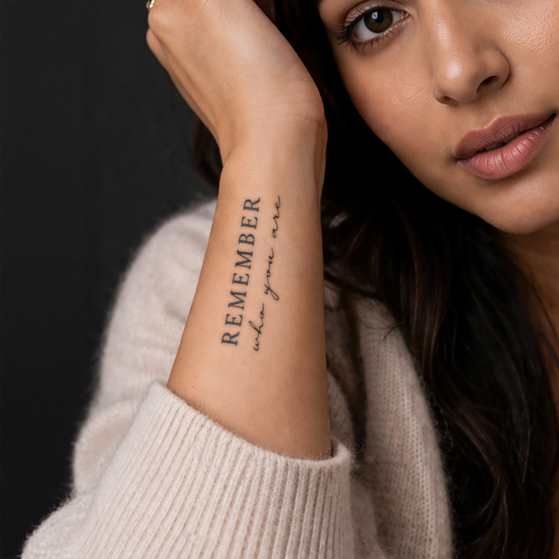 Woman with a tattoo on her arm that reads 'REMEMBER who you are' against a dark background.