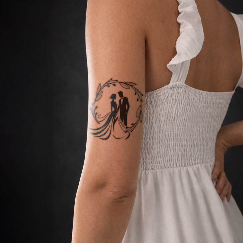 Tattoo of a couple in a wreath on a person's arm wearing a white dress.