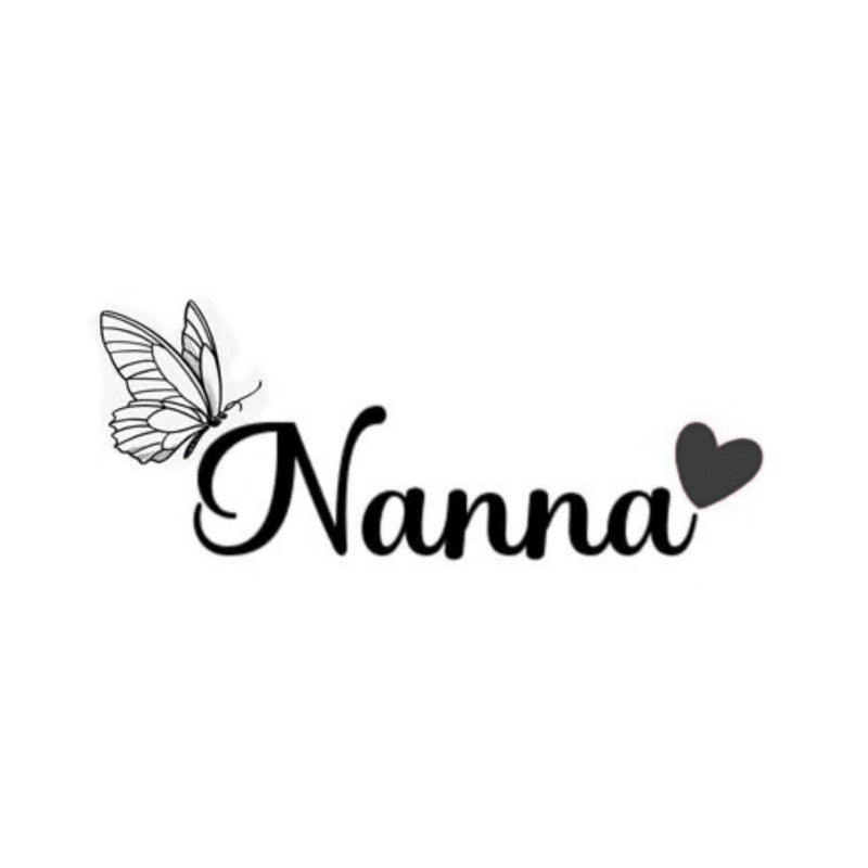 Stylized text 'Nanna' with a butterfly and heart on a white background