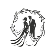 Silhouette of a bride and groom surrounded by decorative leaves on a white background