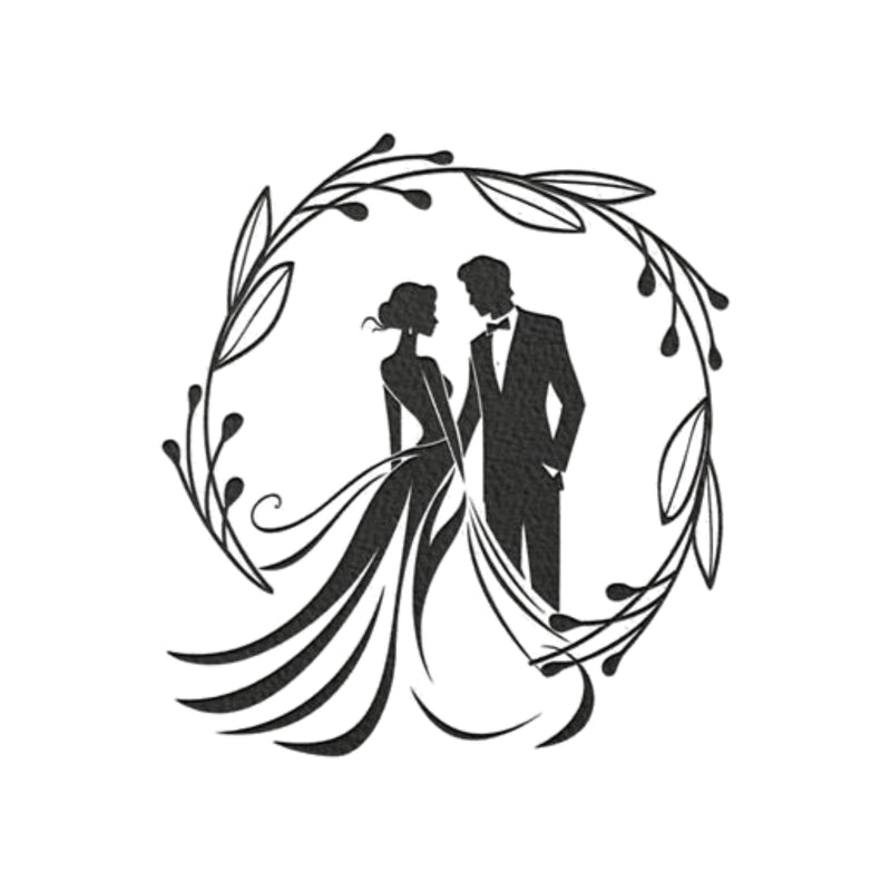 Silhouette of a bride and groom surrounded by decorative leaves on a white background
