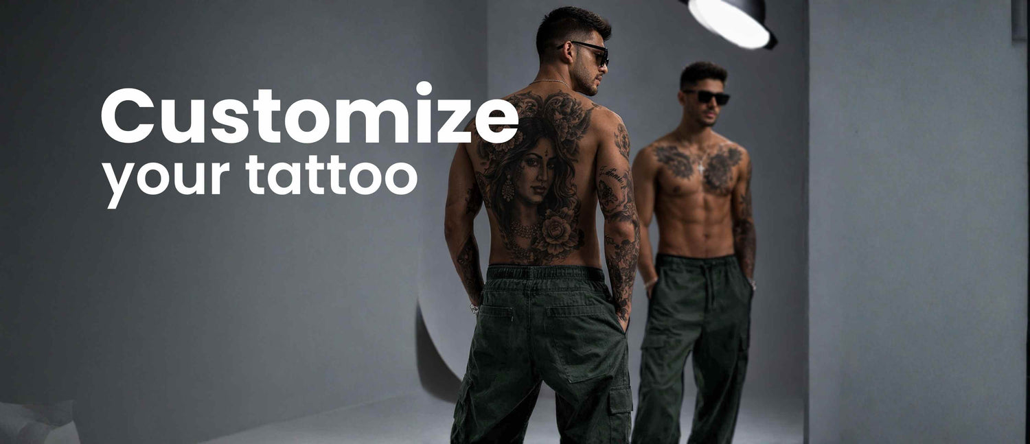 Man with tattoos standing in front of a mirror with text 'Customize your tattoo'.
