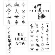 Collection of black temporary tattoos with various designs and text on a white background.