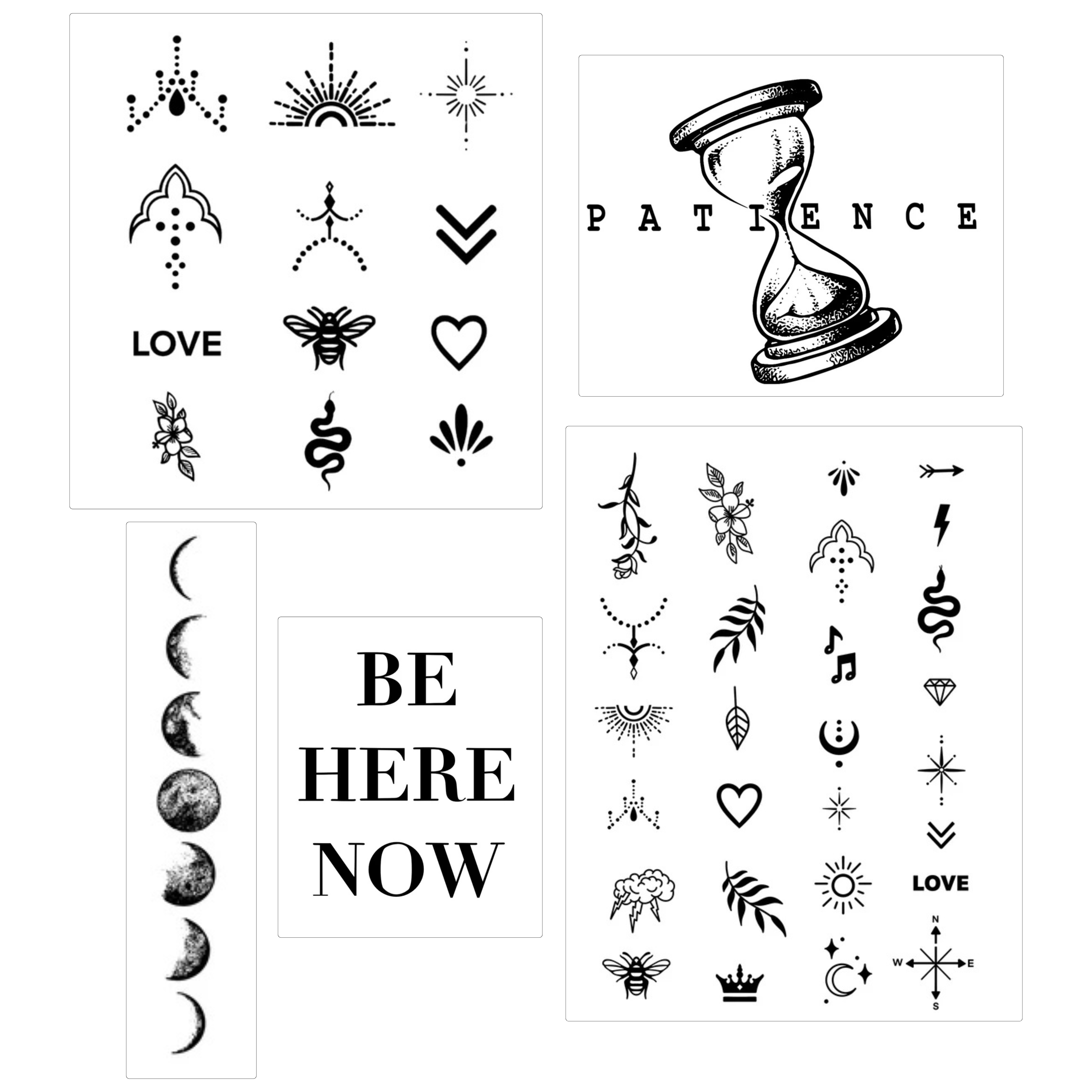 Collection of black temporary tattoos with various designs and text on a white background.