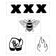 Set of black symbols including 'XXX', a bee, a hand holding a mask, and a flame on a white background.