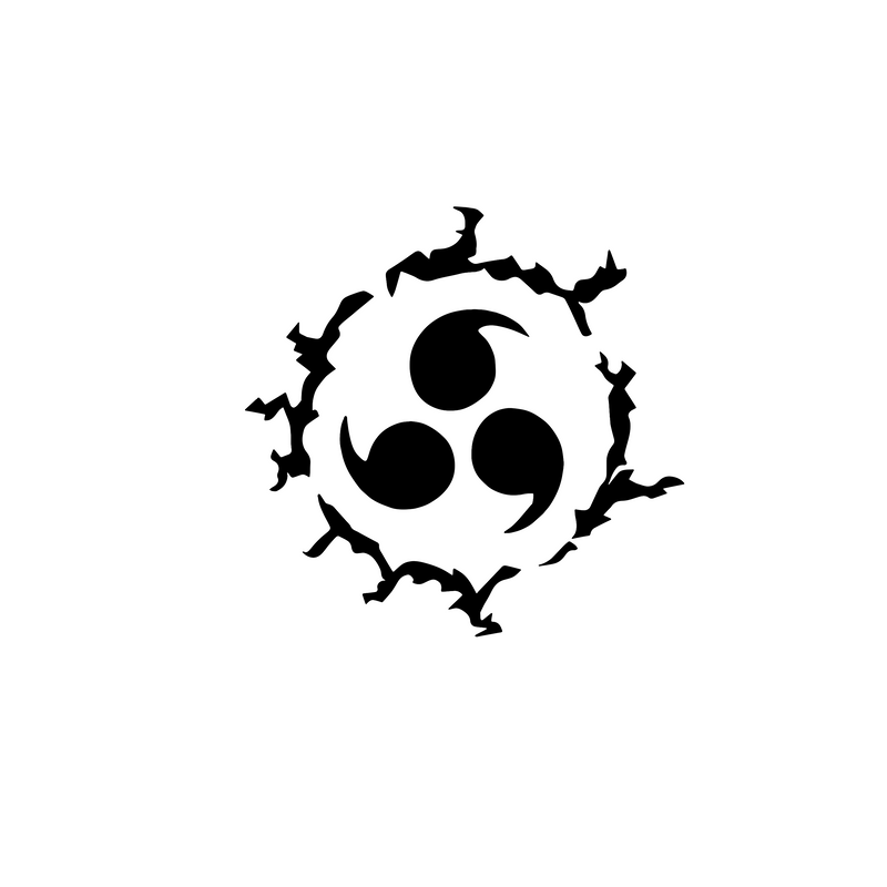 Black circular symbol with three central circles and surrounding shapes on a white background