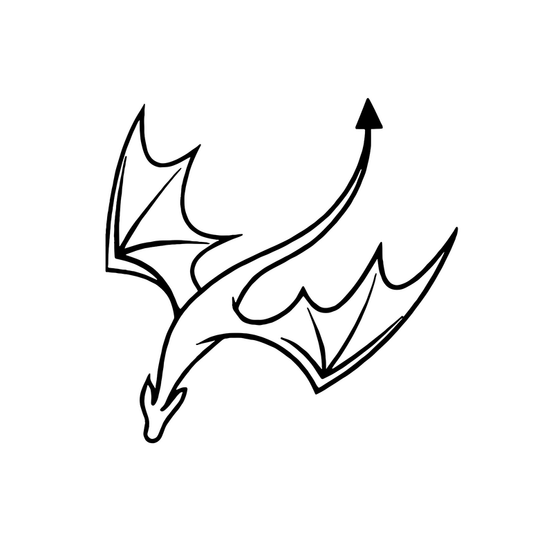 Black line drawing of a dragon on a white background