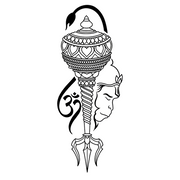 Decorative weapon with intricate patterns and a face on a white background