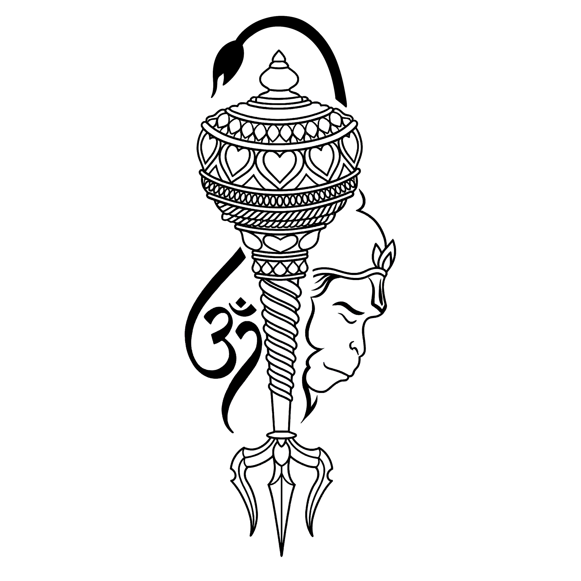 Decorative weapon with intricate patterns and a face on a white background