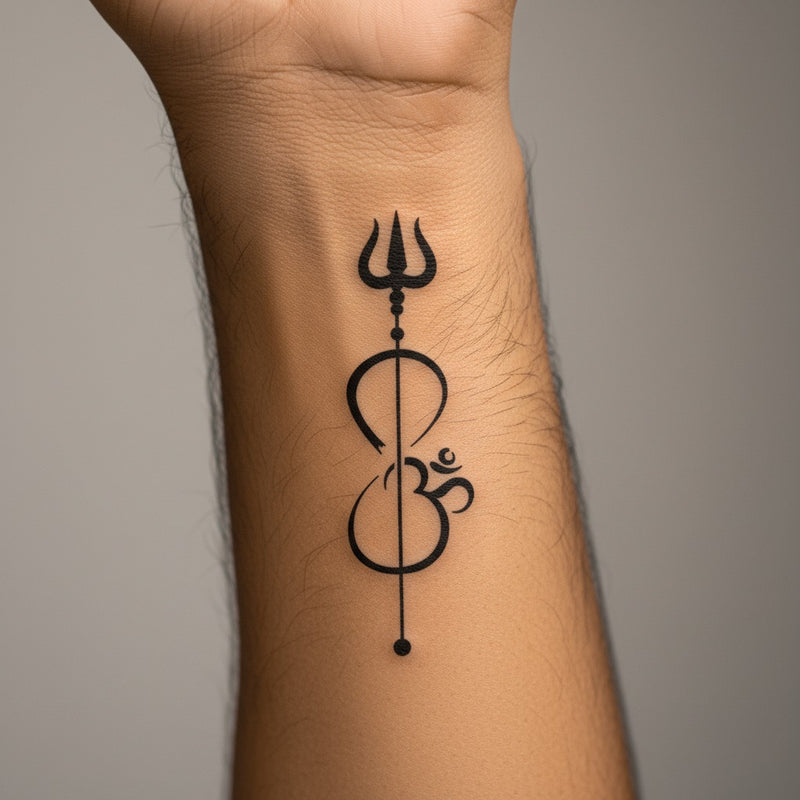 Black tattoo of a trident, infinity symbol, and Om symbol on a wrist against a neutral background