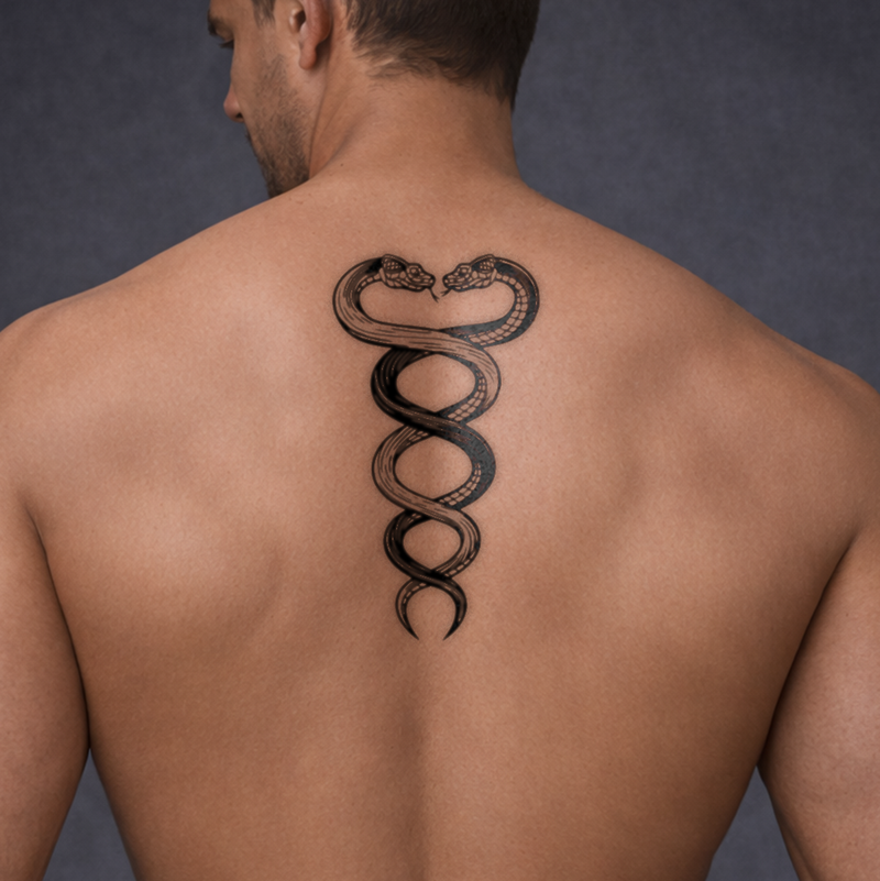 Man with a snake tattoo on his back against a dark background