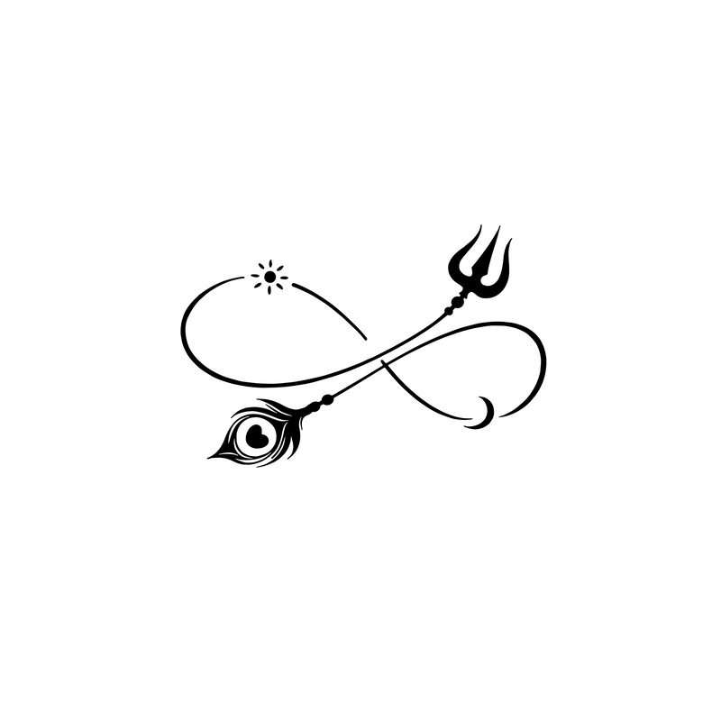 Black infinity symbol with a trident and peacock feather on a white background