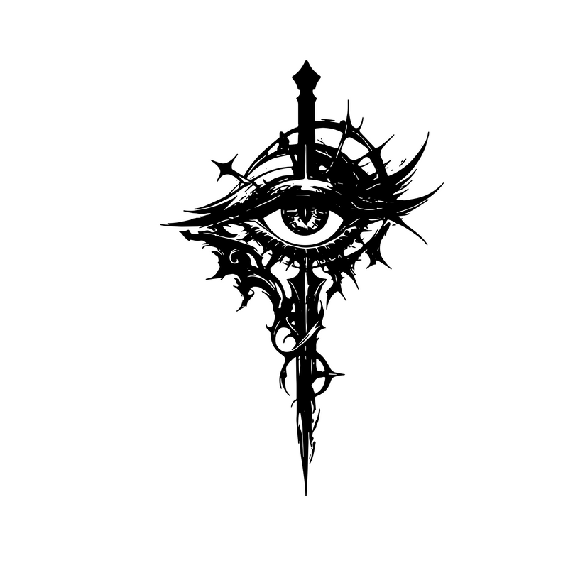 Black tattoo design of an eye with intricate patterns on a white background