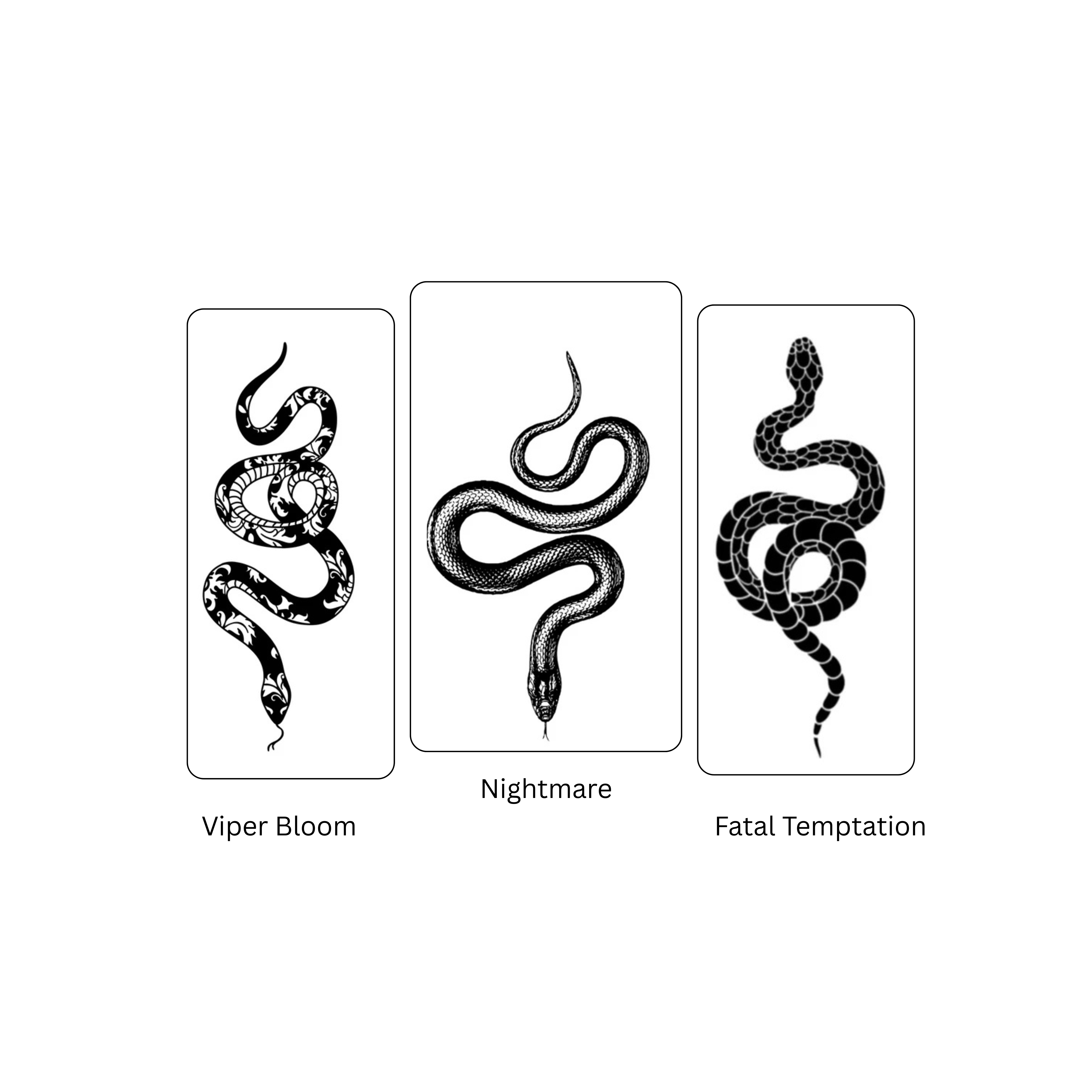 Three snake illustrations labeled 'Viper Bloom', 'Nightmare', and 'Fatal Temptation' on a white background.