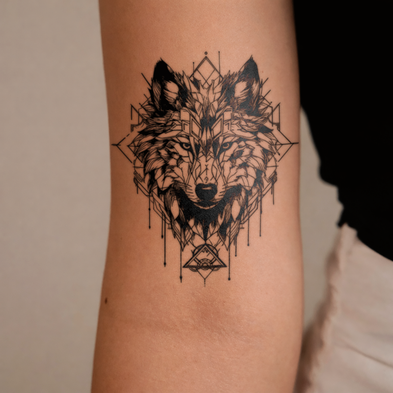Geometric wolf tattoo on a person's arm with a neutral background