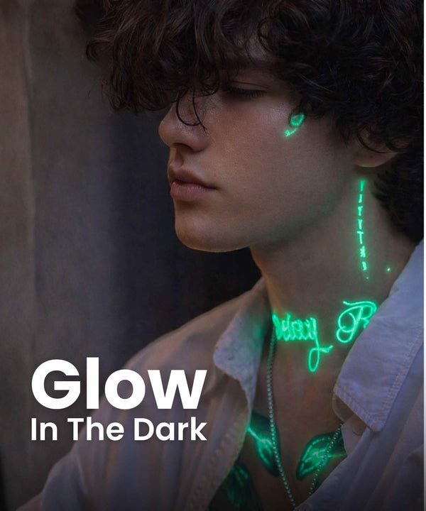 Person with glowing green tattoos on a dark background with 'Glow In The Dark' text.