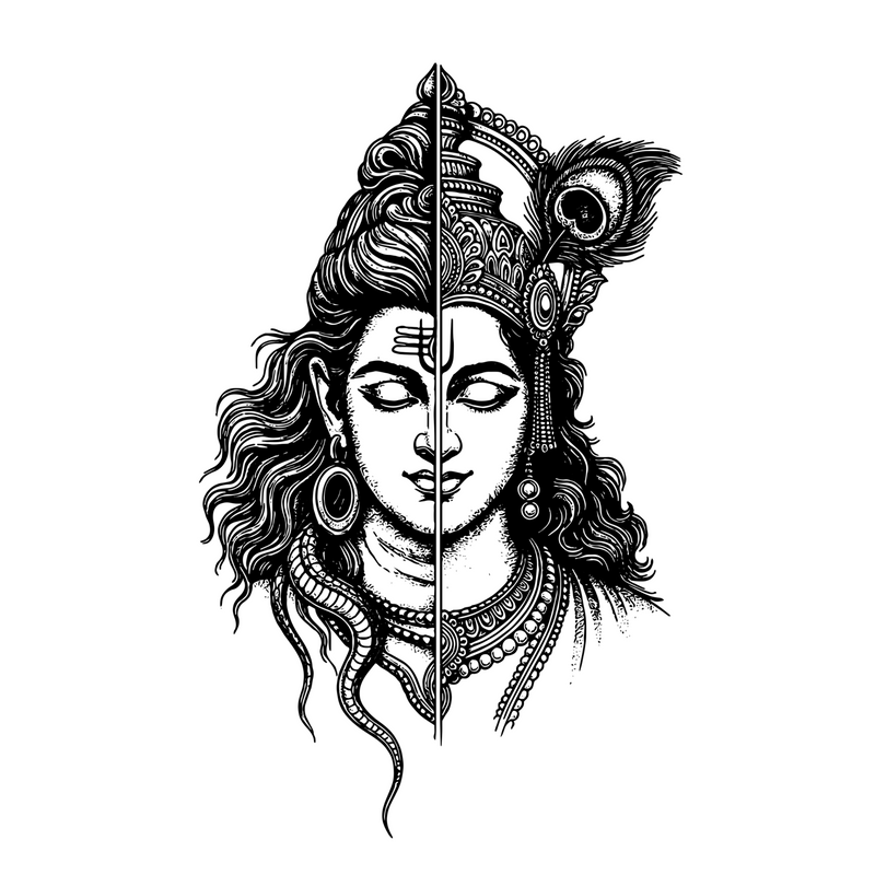 Black and white illustration of a deity with intricate headgear and jewelry on a white background