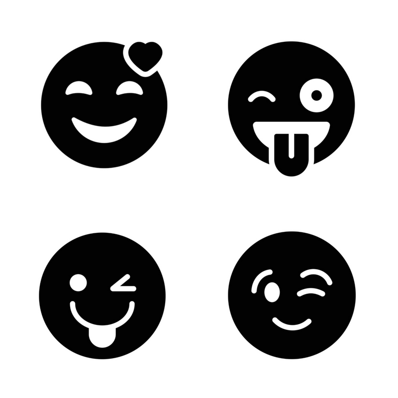 Four black and white emoji icons on a white background