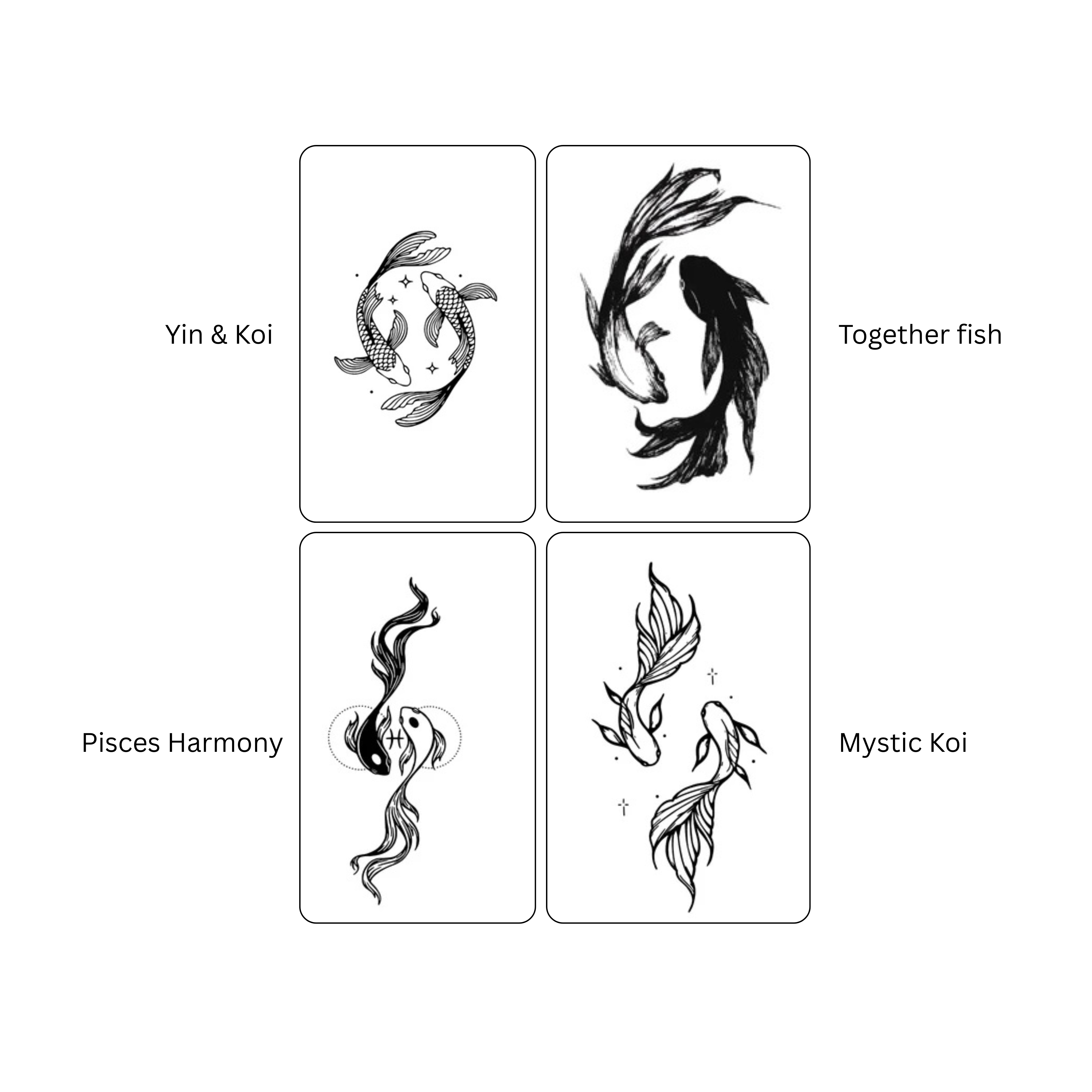 Four black and white illustrations of fish with corresponding names on a white background