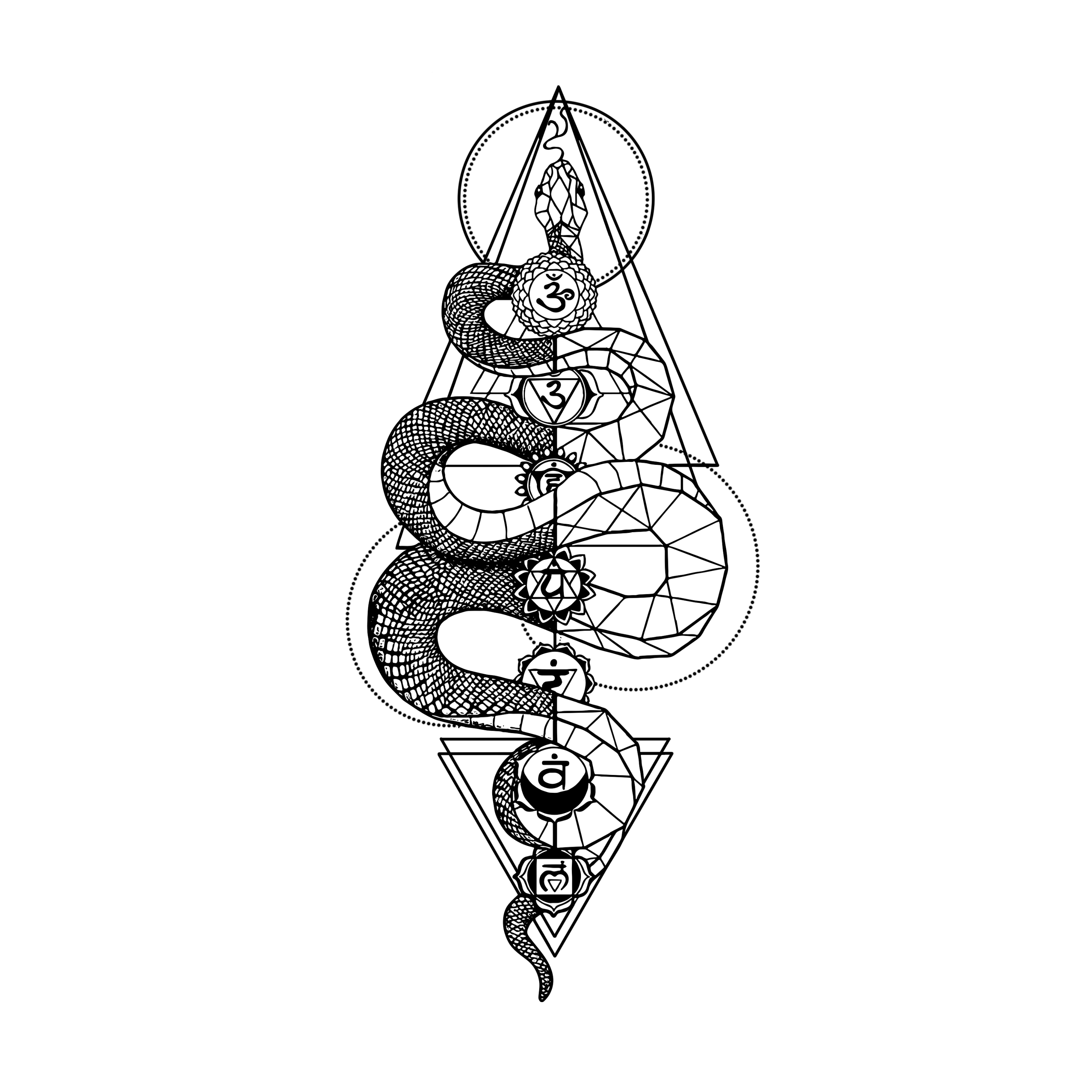 Black and white illustration of a snake coiled around a geometric symbol on a white background