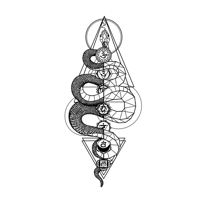 Black and white illustration of a snake coiled around a geometric symbol on a white background