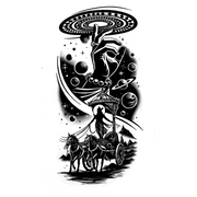 Black and white illustration of a hand holding a UFO above a chariot with horses, set against a celestial background.