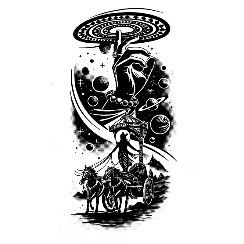 Black and white illustration of a hand holding a UFO above a chariot with horses, set against a celestial background.