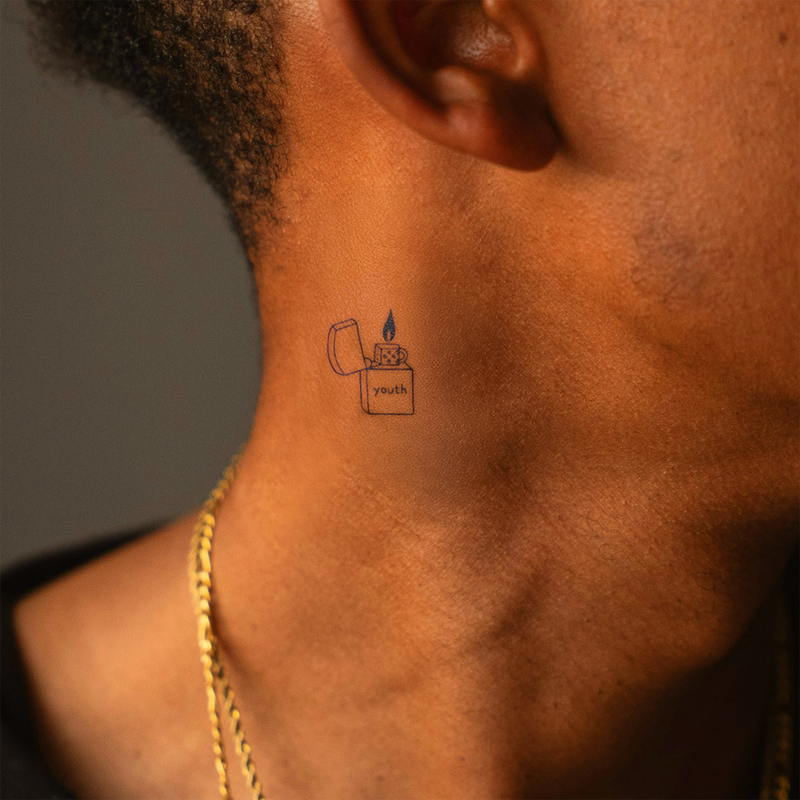 Tattoo of a lighter with 'youth' written on it on a person's neck.