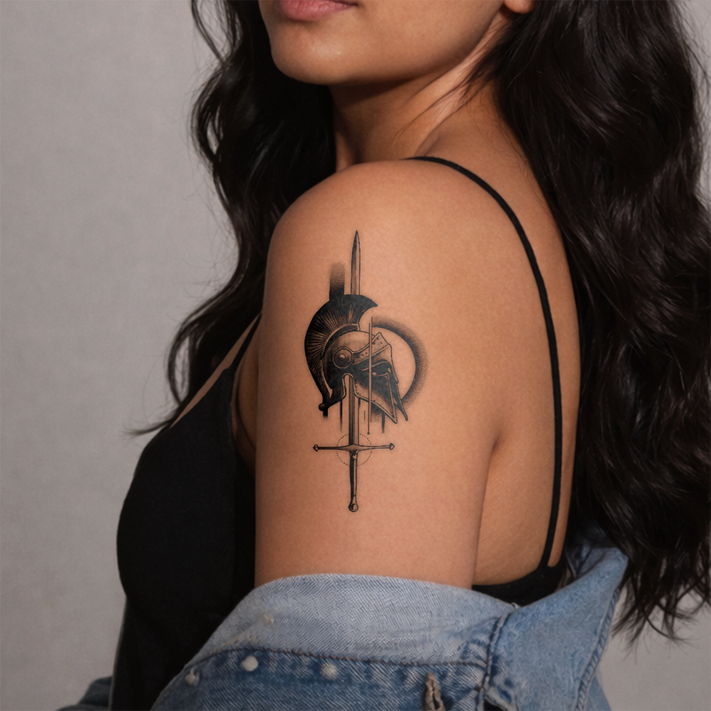 Woman with a tattoo of a helmet and sword on her shoulder against a gray background