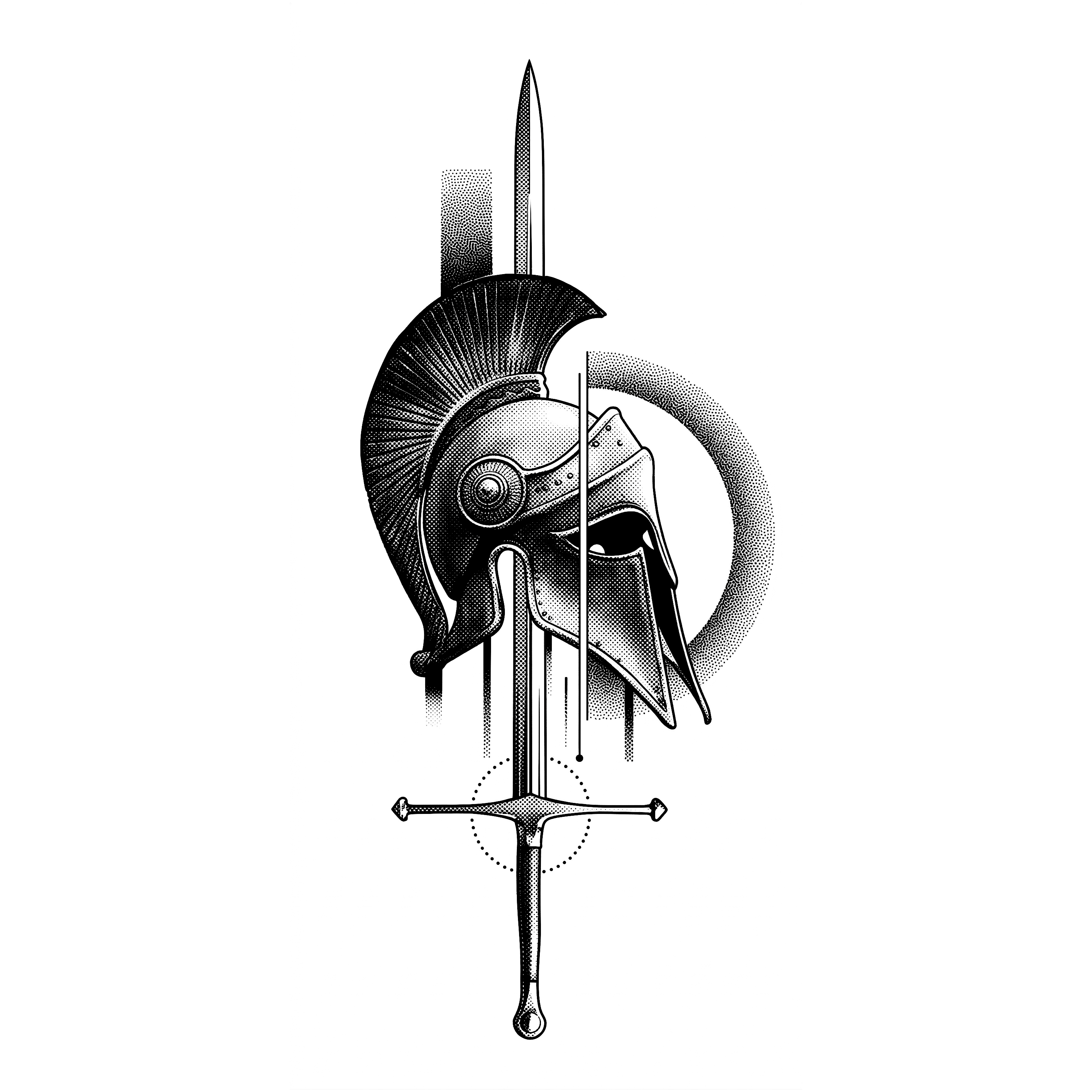 Black and white illustration of a Spartan helmet and sword on a white background