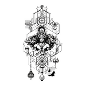 Black and white geometric design with central figure and symbolic elements on a white background