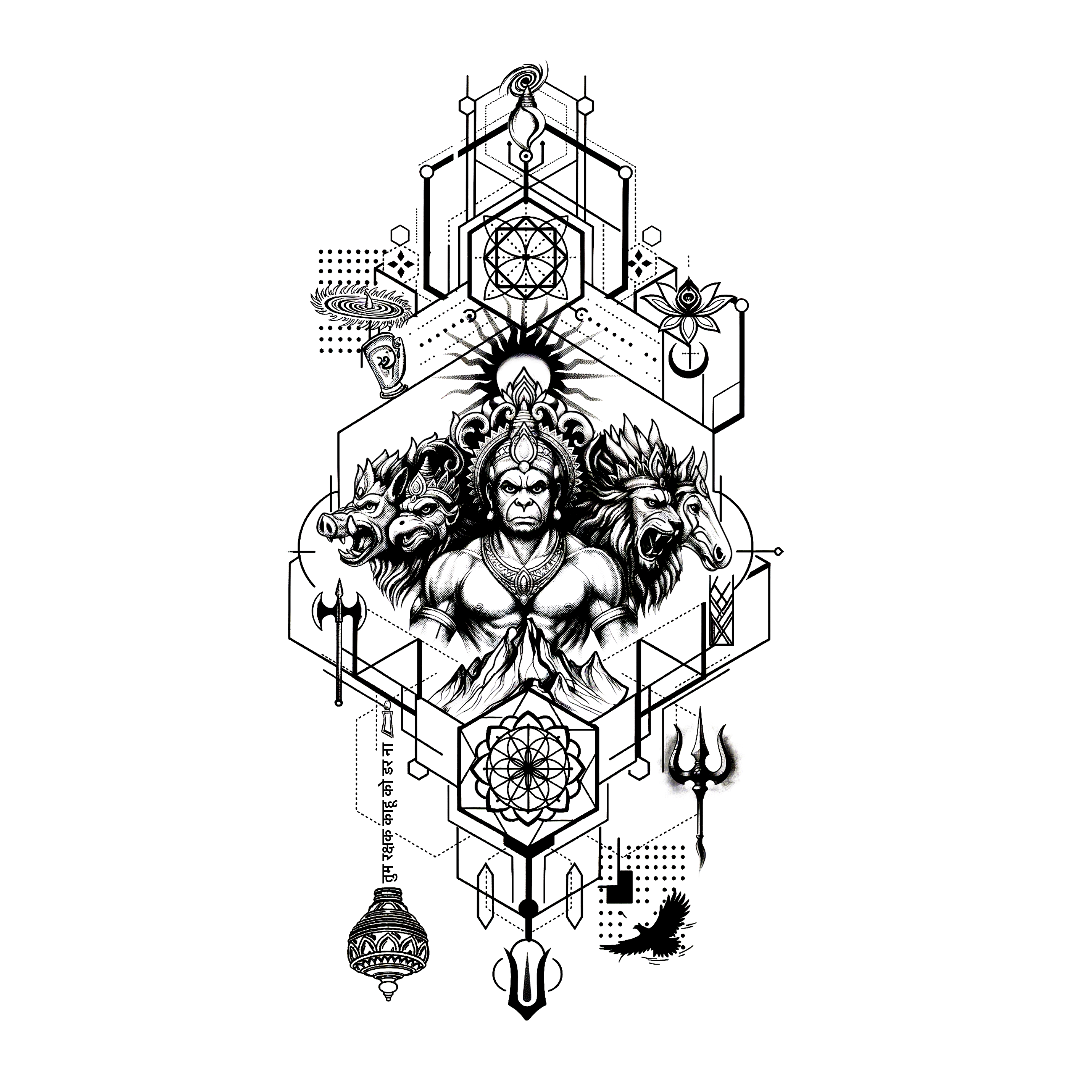 Black and white geometric design with central figure and symbolic elements on a white background