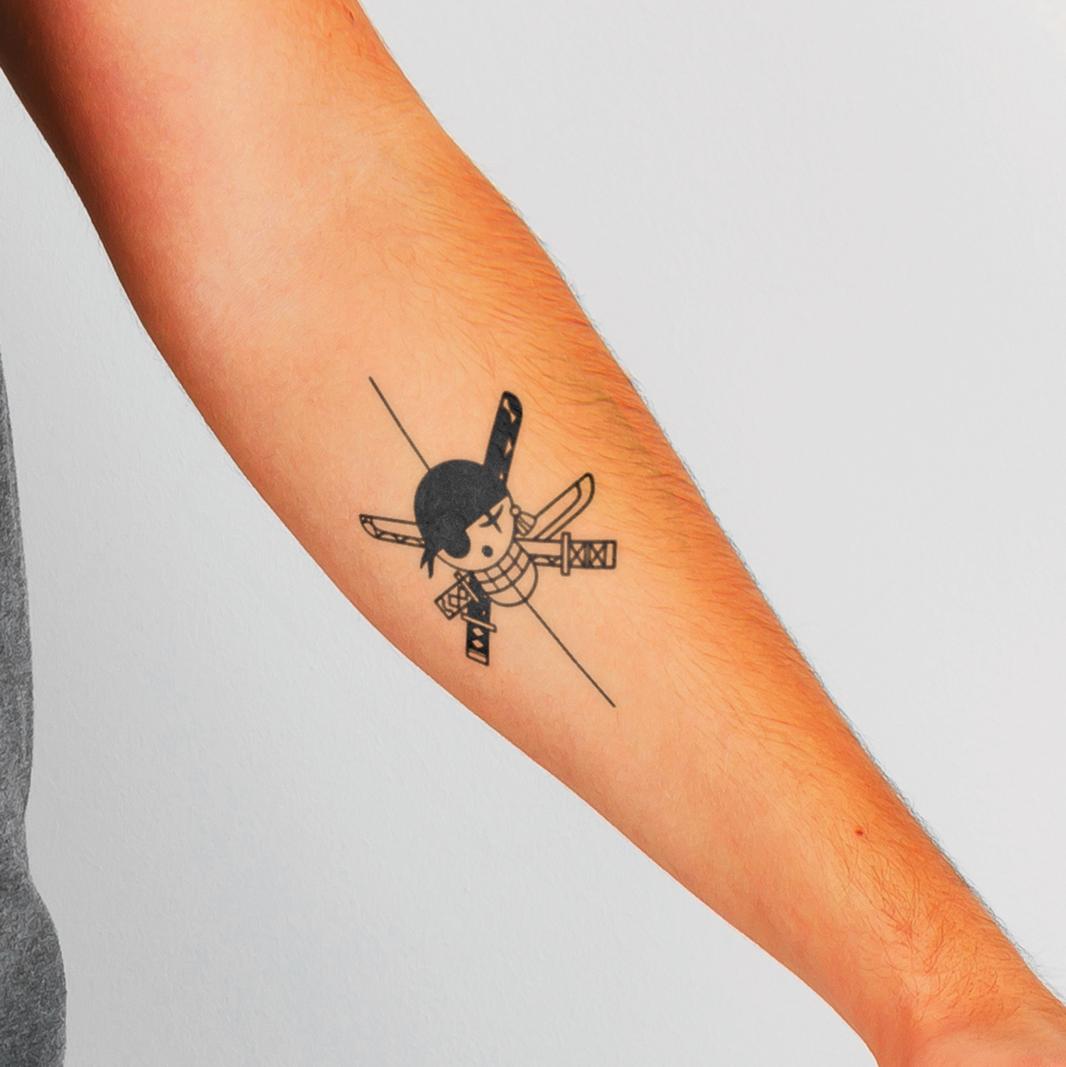Tattoo of a character with a sword on a person's arm against a light gray background