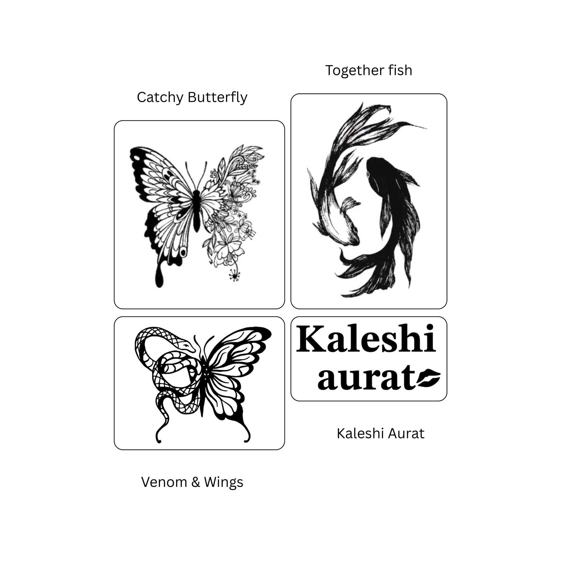 Four black and white illustrations of butterflies and fish with 'Kaleshi aurat' branding on a white background.